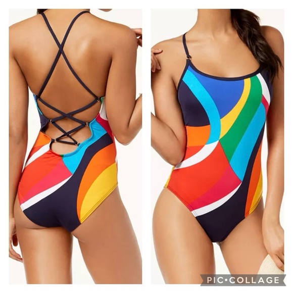 NAUTICA Women’s Multicolor SAILS Printed Cross Back One-Piece Swimsuit Size M - Picture 1 of 6